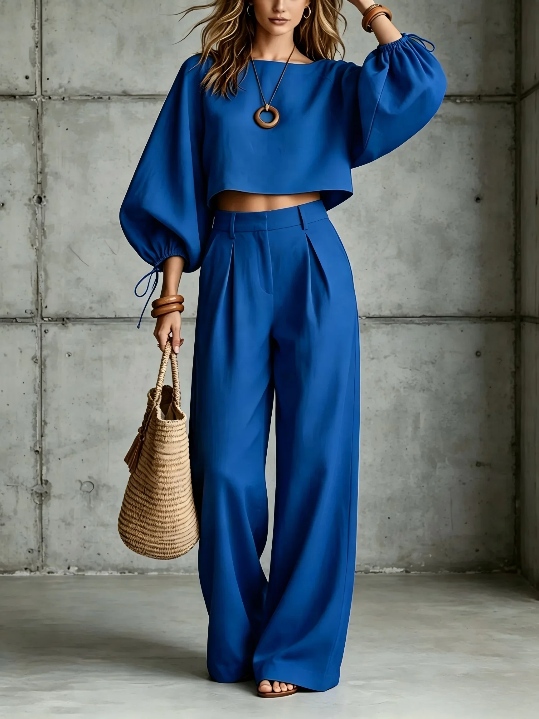 2026 New Autumn Women's Short Top Puff Long Sleeve Suit Elegant Fashion Casual Wide Leg Pants Female Office 2-piece Set