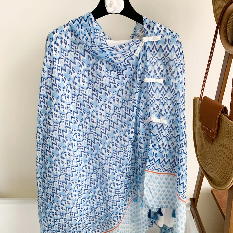 

2025 Fringe Blue Pattern Shawl Women Lightweight Beach Scarf Sun Protection Travel Multi-functional Breathable hijab