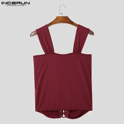 Men Tank Tops Solid Color Pleated Sleeveless Lace Up Hollow Out Streetwear Sexy Male Vests Summer 2025 Fashion Crop Tops INCERUN - Image 5
