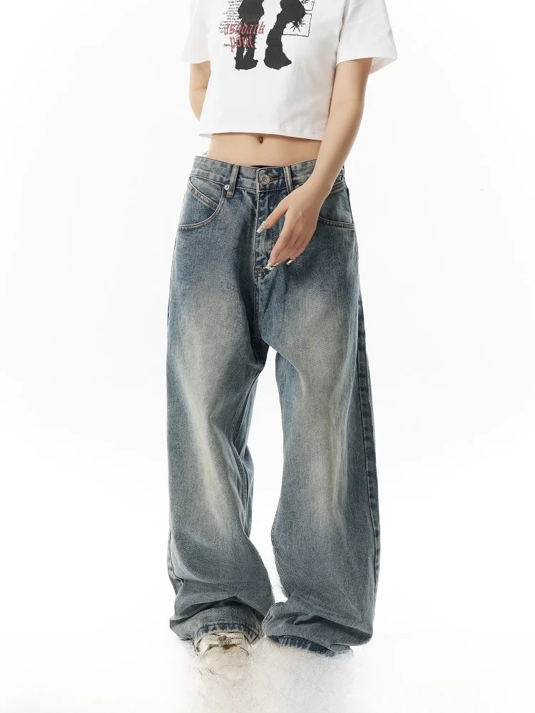 

Waed American Retro Denim Jeans Women's Wide Leg Casual Pants Spring Autumn High Waist Straight Leg Long Pants Zipper Closure