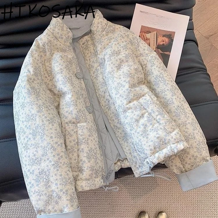 

Korean Chic Fresh Floral Print Color Matching Parkas Loose Fashion Warm Top 2025 New Autumn Winter Sweet Cotton Padded Jackets