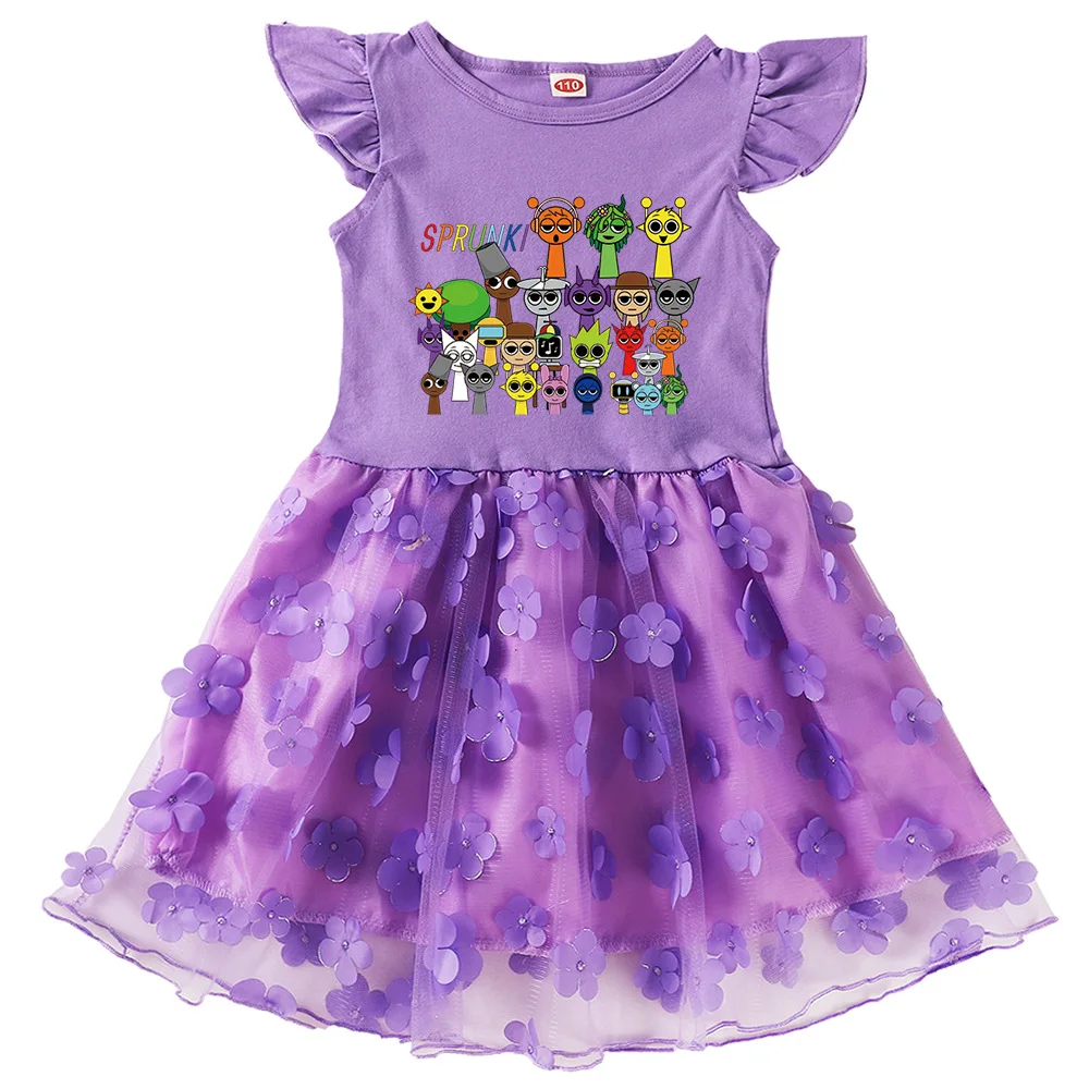 

Sprunki Clothes Kids 2025 Summer Casual Dresses Baby Girls Flying Sleeves Dress Toddler Girl Mesh Bow Flower Princess Vestidos