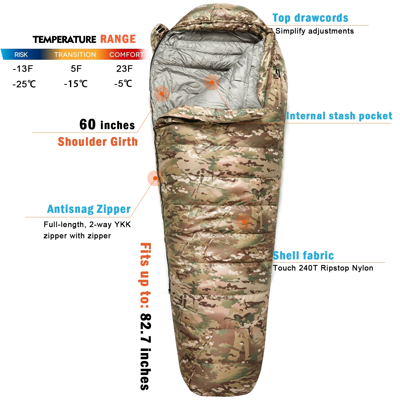 Patrol Camping Survival Lightweight Down Sleeping Bag With Compression Sack Mummy Style Multicam Cam