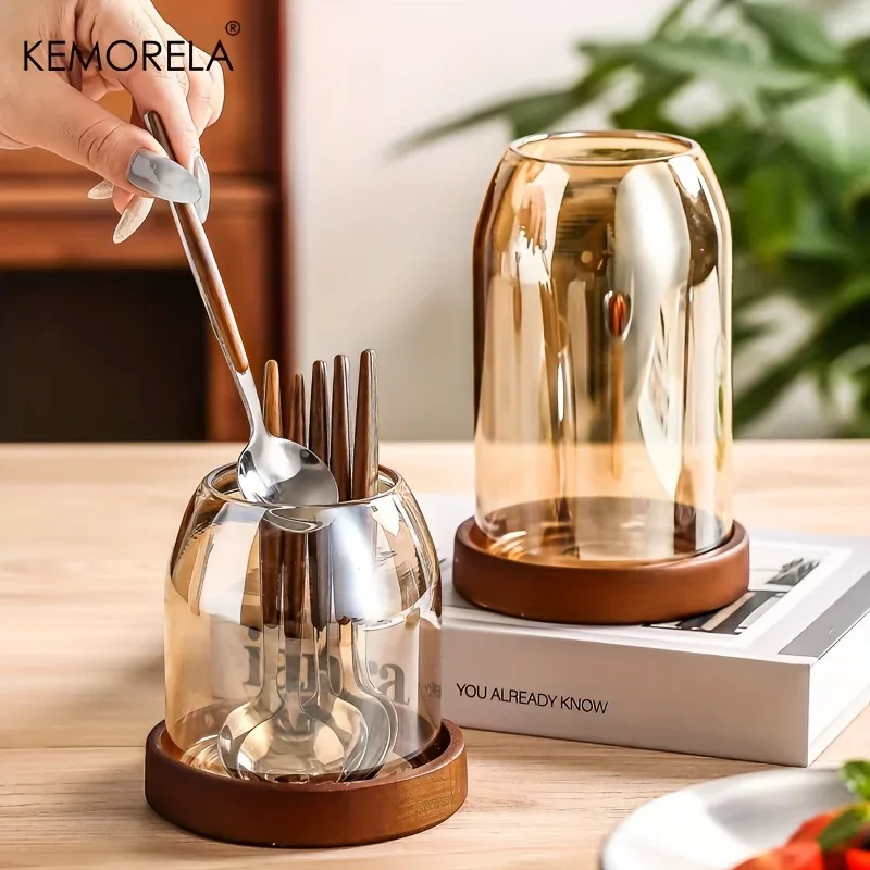 KEMORELA 1PCS Geschirr Vorratsglas mit Tablett Stäbchen Organizer Messer Gabel Rack Obst Gabel Halter für Küche Organisation