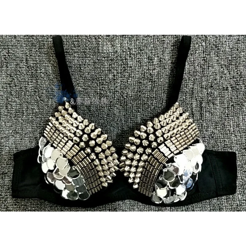 ‌Glam Rhinestone Sequin Club Bra Women Pole Dance Costume Sparkling Fringe Stage Outfit Night Out Glitter Party Wear Body