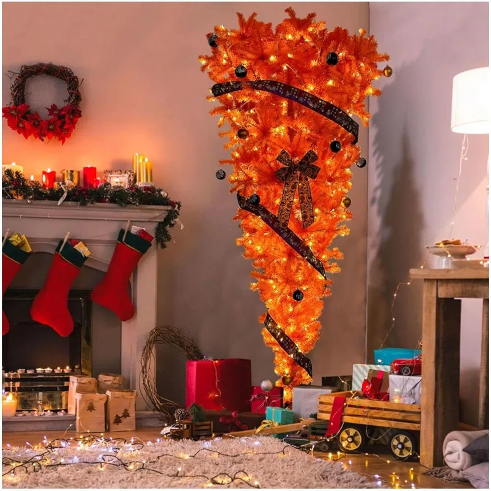 Christmas Trees Inverted Christmas Tree Christmas Theme Decorations and Ribbon Pencil Tree, Suitable for Families Home & Garden