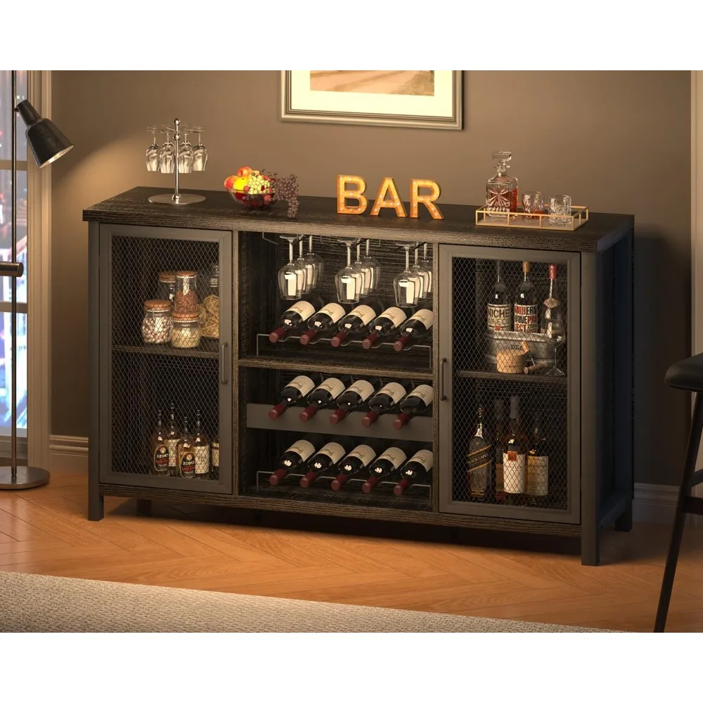 Bar Cabinet, Rustic Coffee Cabinet for Liquor and Glasses, Kitchen Sideboard Buffet with Rack Storage, Dark Oak, 55 Inch