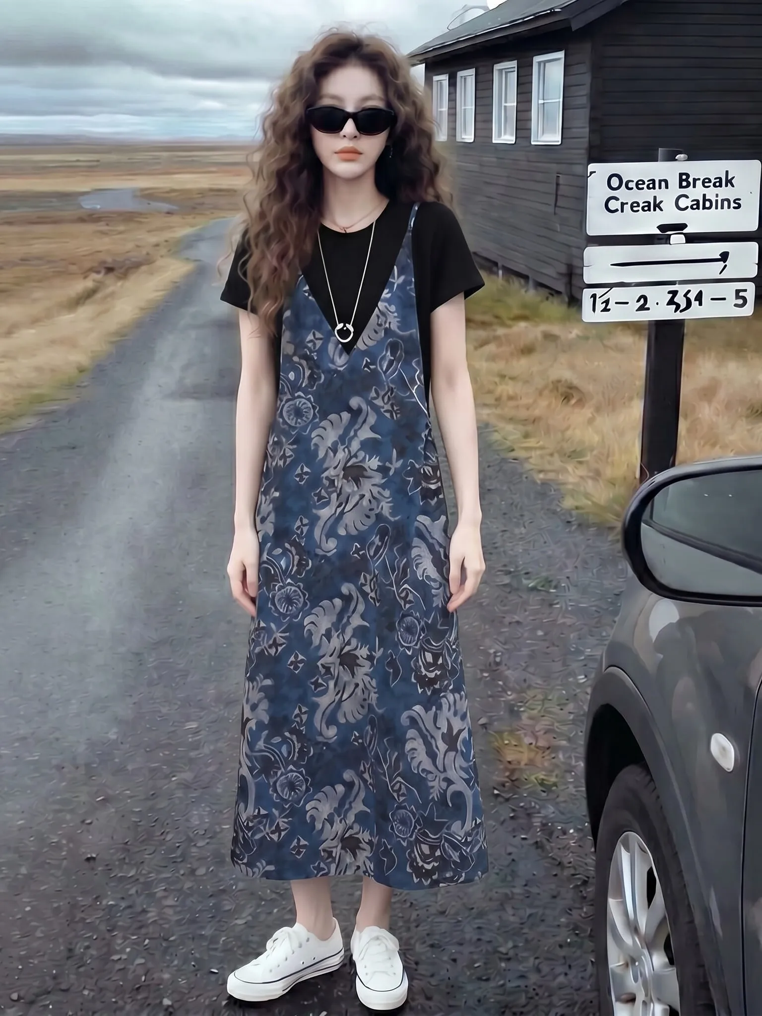 

Floral Print Dress Elegant Style Commute Friendly Loose Waist Short Sleeve A-Line Skirt Thin Fabric Standard Fit City Commute
