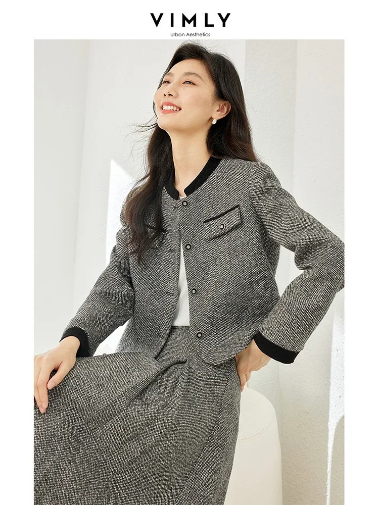 Vimly Elegant Tweed Suit Two Piece Sets for Women 2023 Winter Women's Outfits Cropped Jackets Elastic Waist Pleated Skirts M3539