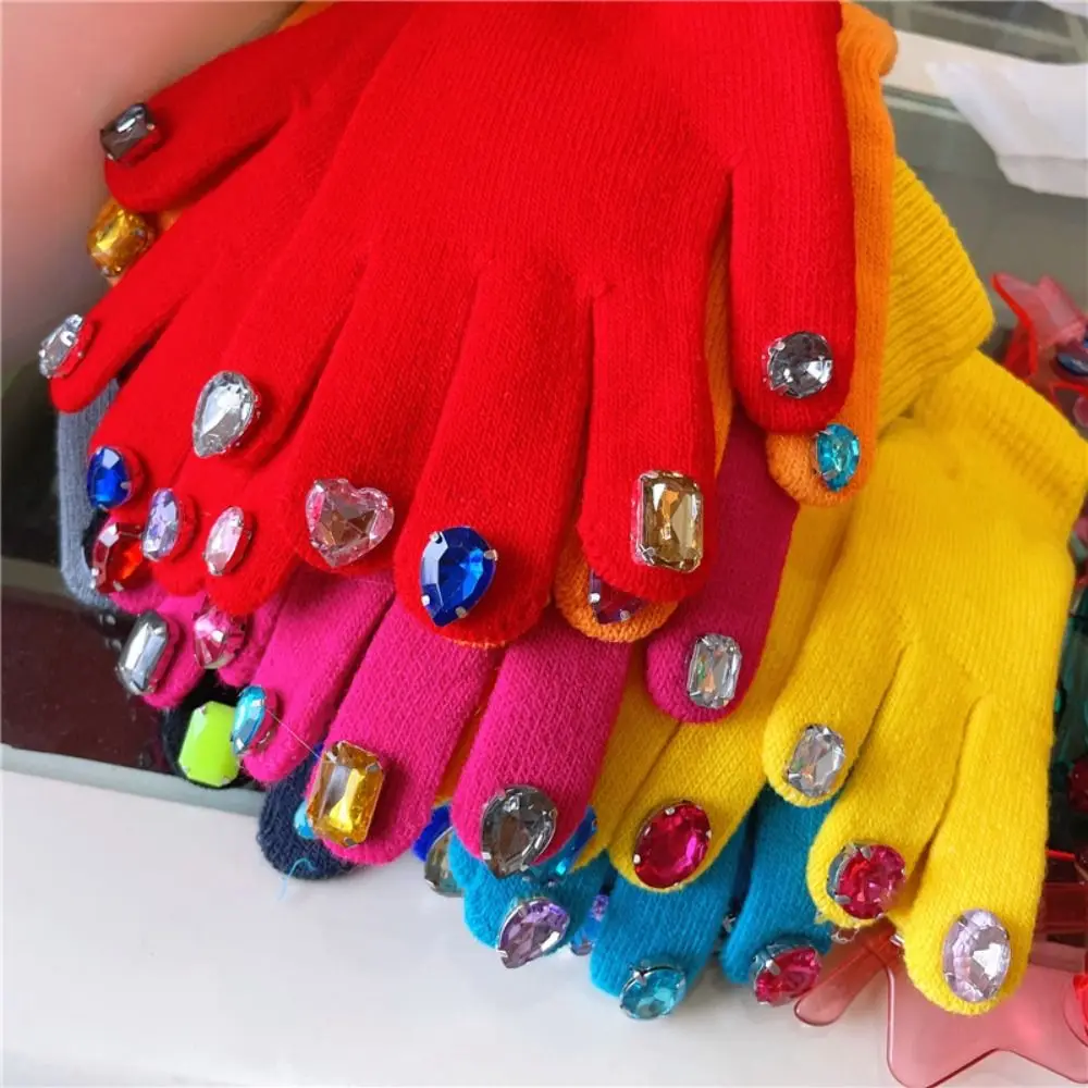 Multi-Color Rhinestone Knitted Gloves Glitter Finish Random Diamond Embellishments Five-fingered Gloves Keep Warm