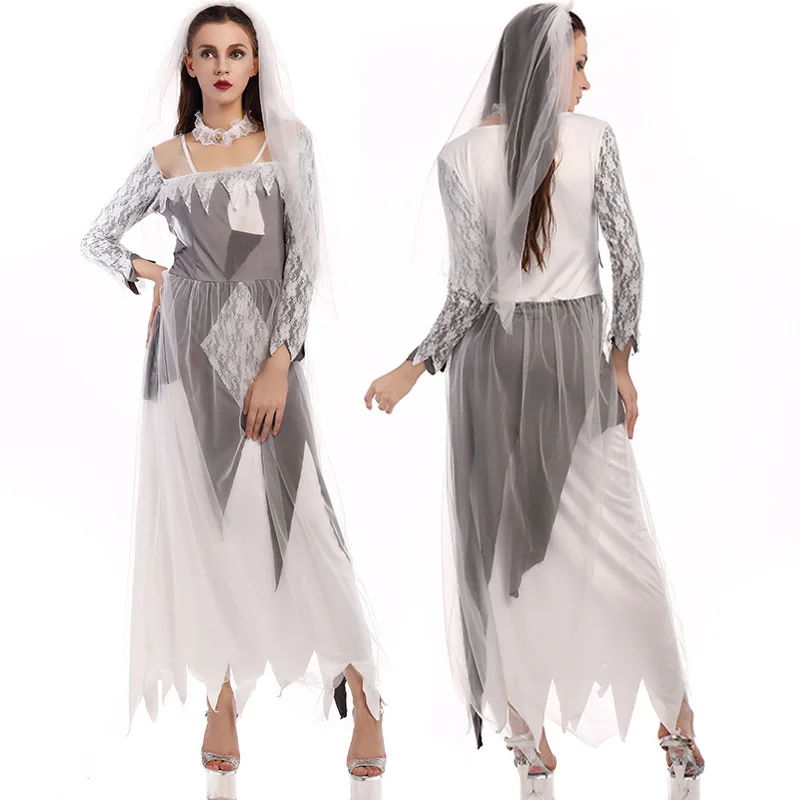 Ghost Bride Halloween Costume Masquerade Scary, Skeleton Vampire Head Wedding Dress Party Outfit for Women