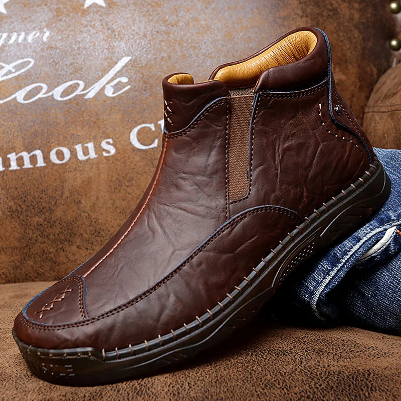 Slip On Leather Men Boots Hand Made Ankle Boots Transparent Sole Winter Casual Shoes For Male Plus Size 38-47