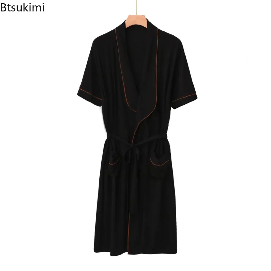 2024 Men's Plus Size Home Clothes Short-sleeved Cardigan Mid-length Men Kimono Bathrobe with Waist Lace-up Pajamas Bathrobe Male