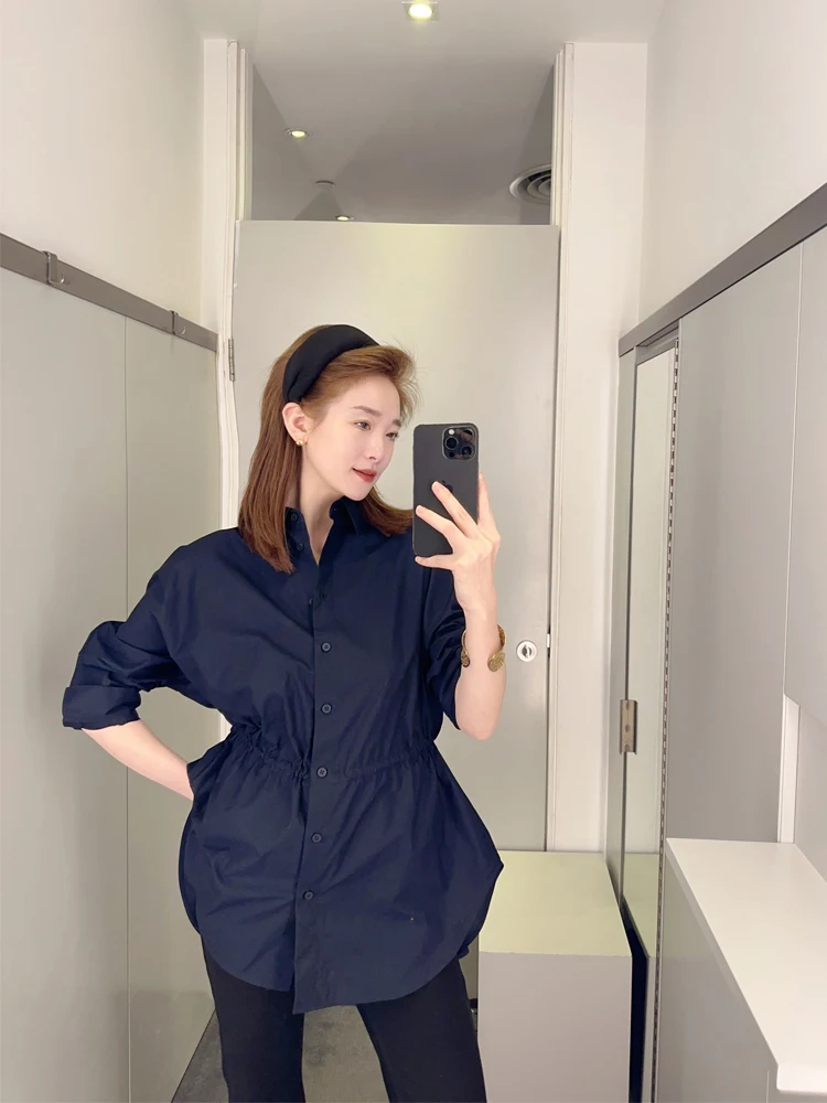 

Женская блузка CS Sle с длинным рукавом, весна-осень, для повседневной носки, с завязками на талии, утягивающая, синяя, топ