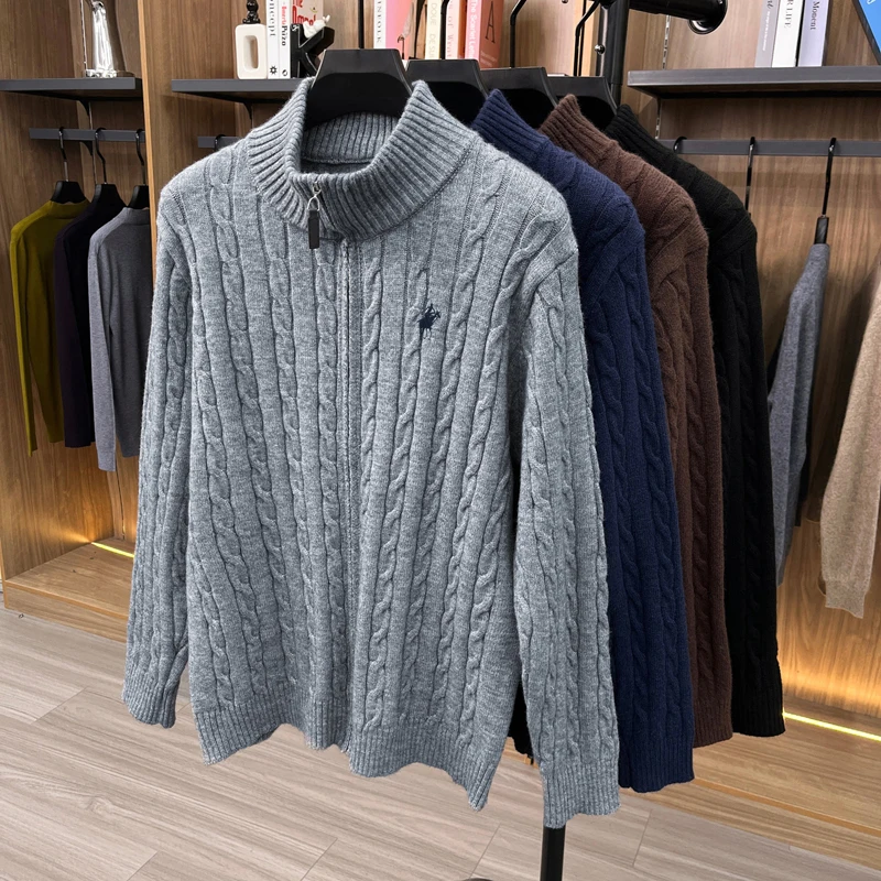 Herbst-Winter-Klassik-Strickjacke für Herren mit Stickerei und Reißverschluss, einfarbige Strickjacke mit langen Ärmeln, lässige, weiche Herrenbekleidung – Detail 1