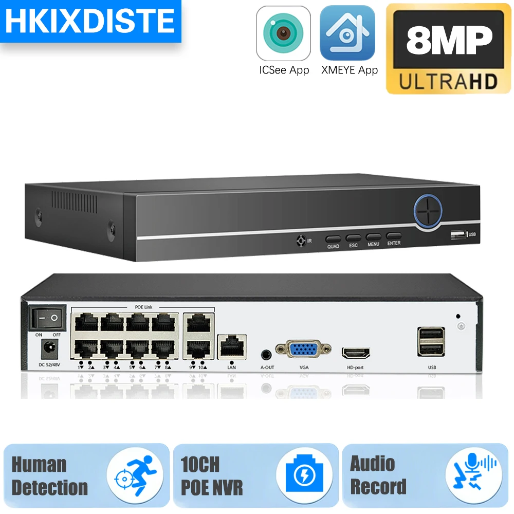 Xmeye ICsee10CH 8CH 4K 8MP PoE NVR Video Recorder Security CCTV System 8CH 24/7 Recording H.265 Face Detection Network Recorder