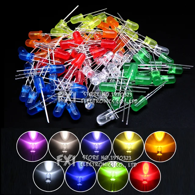 100PCS F5 Dioda LED 5MM Zestaw biały zielony czerwony niebieski żółty pomarańczowy różowy fioletowy ciepły biały zestaw DIY dioda elektroluminescencyjna bxv