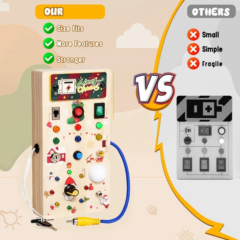 크리스마스 아기 몬테소리 나무 비지 보드, LED 조명 감각 교육 장난감, 유아 1-3 세 토글 스위치 장난감, 내구성