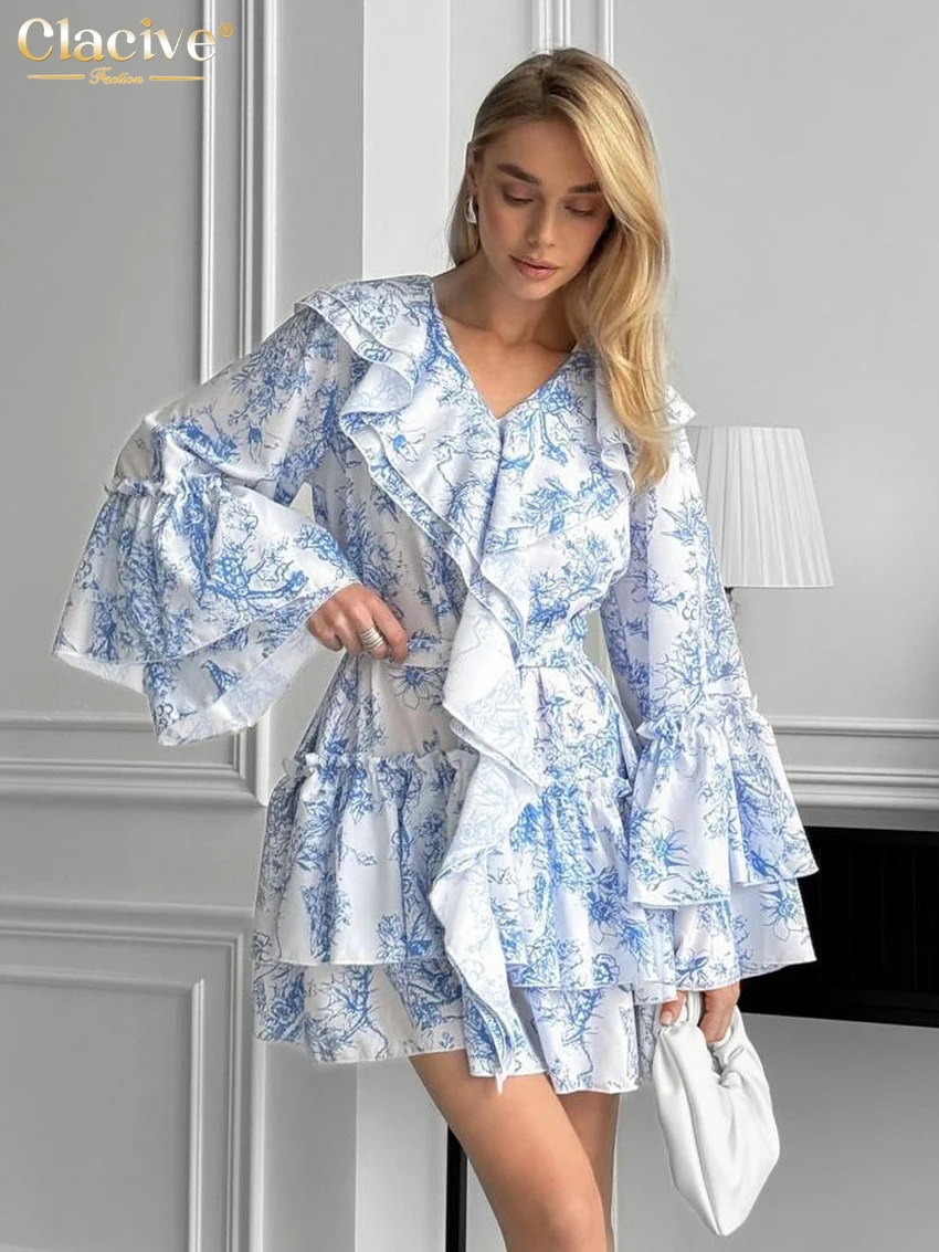 

Clacive Fashion Loose Print Women Dress 2025 Casual V-Neck Long Sleeve Mini Dresses Elegant Classic Ruffle Pleated Female Dress