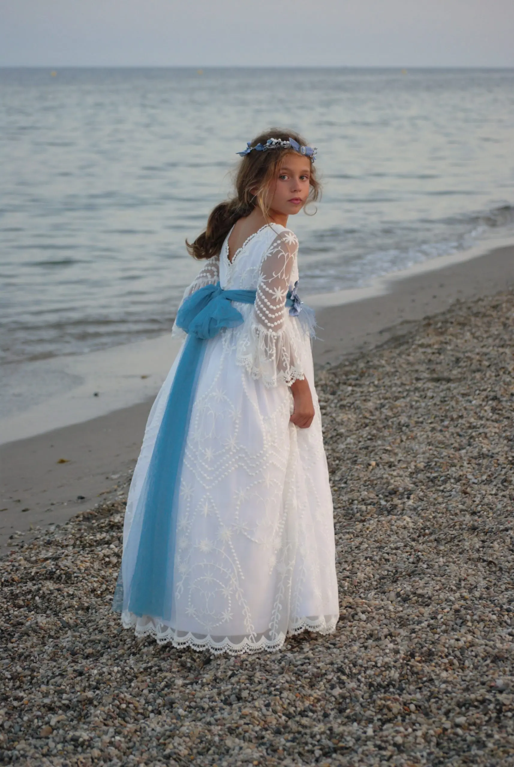 Blue Bow Half Transparent Sleeved A Bohemian Style Communion Dress Square Collar Neckline Double Layered Embroidery