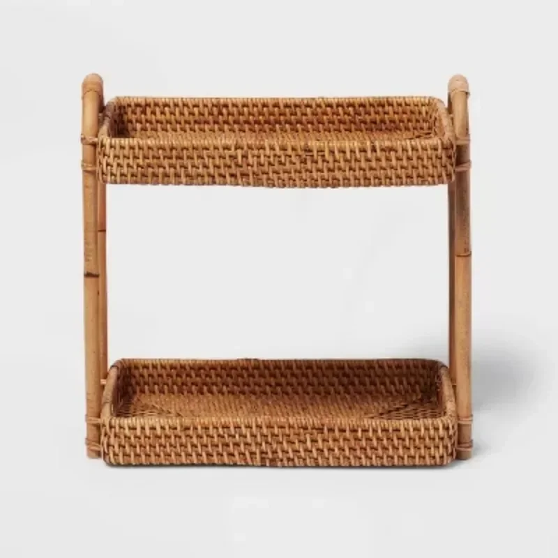 

Natural Woven Multi-Layer Vanity Bathroom Tray - Rattan Countertop Storage Accessory, Spot Clean