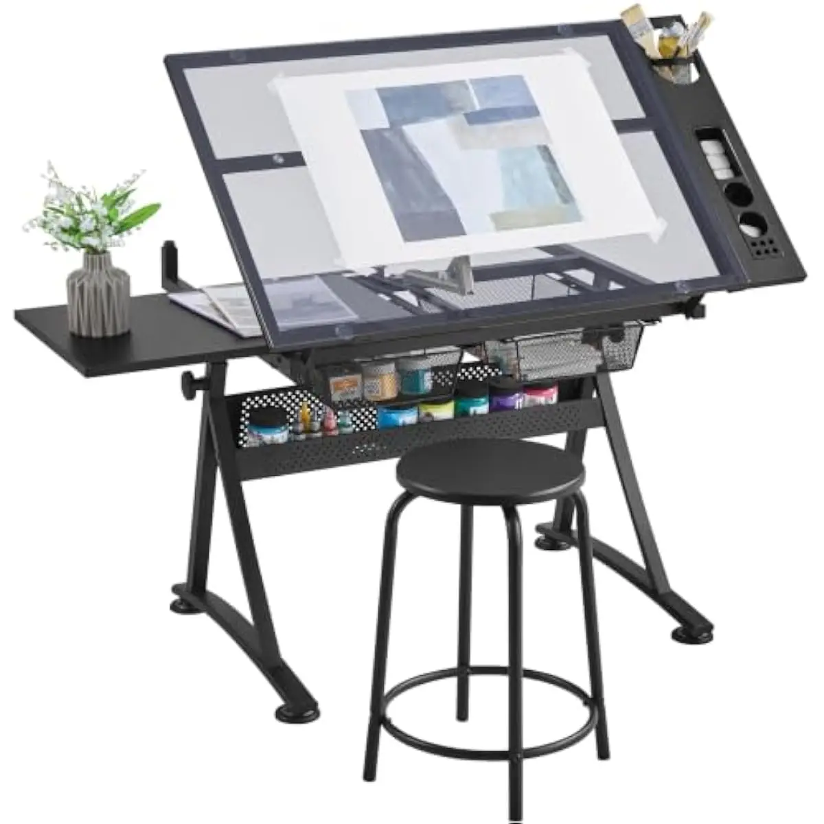 Adjustable Glass Drafting Desk with 0-40° Tilt Mechanism, Powder-Coated Steel Frame, Tempered Glass Surface, Rectangular Modern