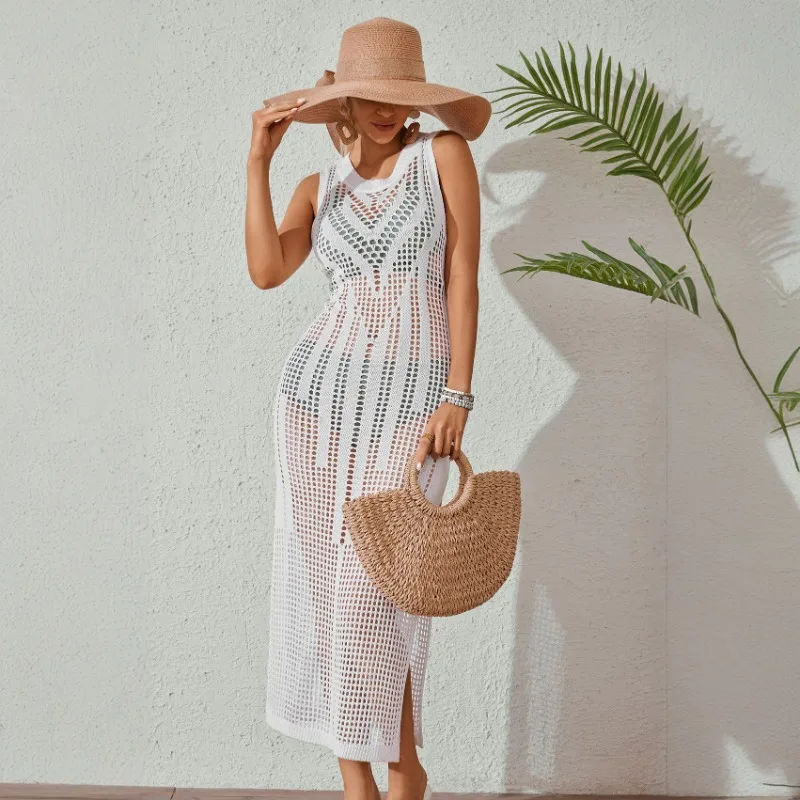 

2025 Summer Sexy Knitted Hollow Out Beach Long Dress Women O Neck Sleeveless Solid Spicy Girls Slim Split Bikini Cover Ups