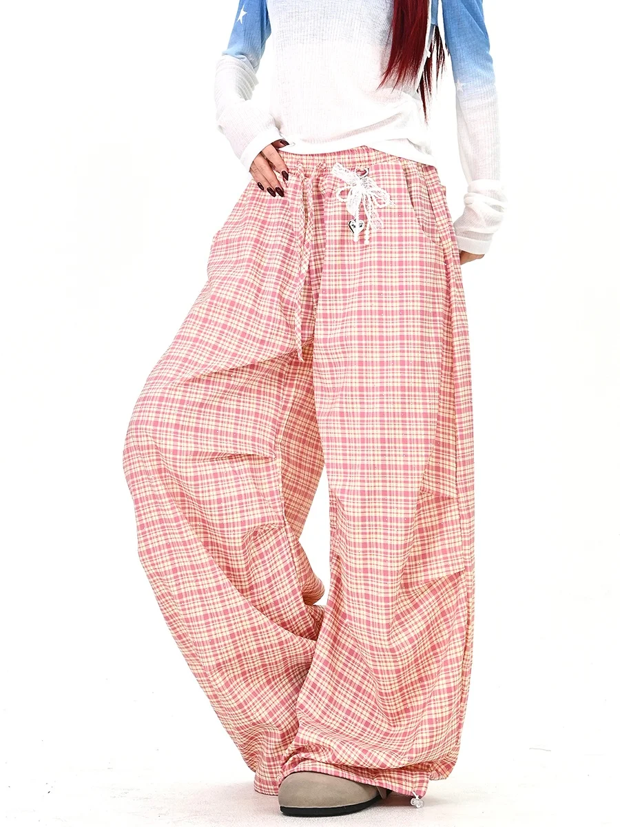 

Повседневные свободные женские брюки в клетку, весна 2026, новинка, удлиненные, с подвесками, в американском уличном стиле, широкие брюки-палаццо