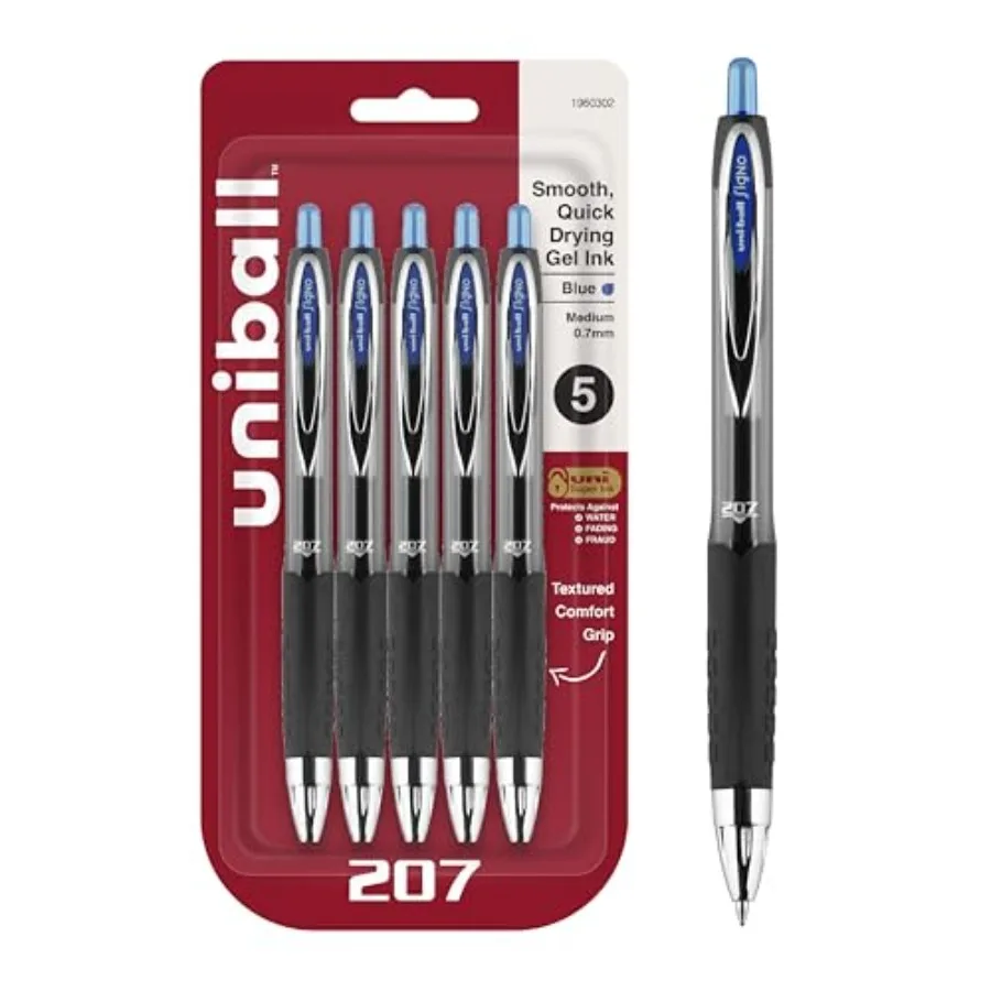 

Uniball Signo 207 Blue Retractable Gel Pens 5 Pack with Medium 0.7mm Points, Fraud Proof and the Best Office, Nursing, Business