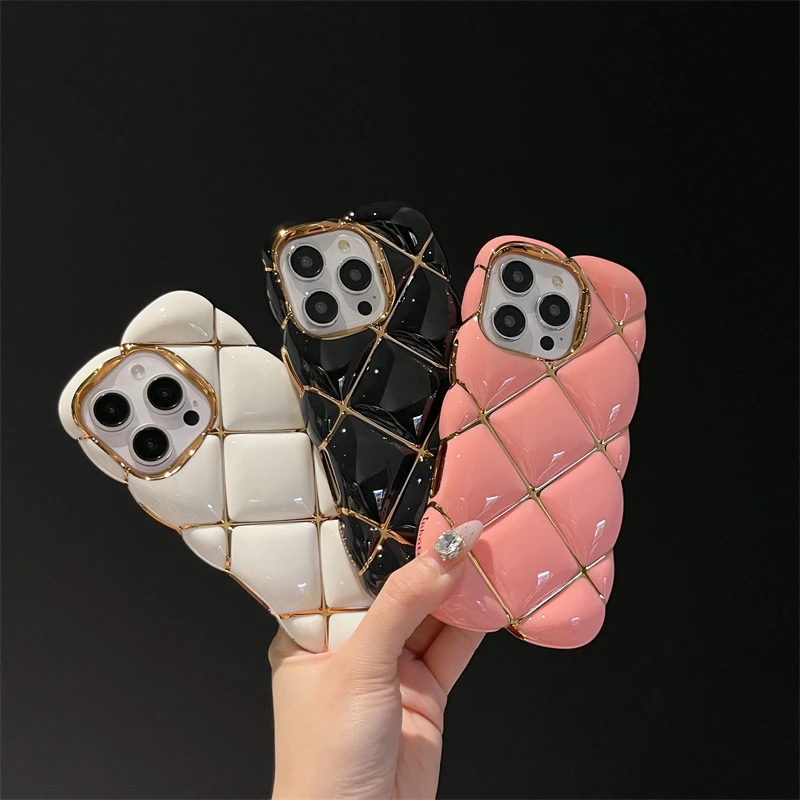 For iPhone 13 12 11 14 15 16 Pro Max Plus Luxury Plating Case Diamond Lattice Pattern Soft Silicone Air Cushion Shockproof Cover