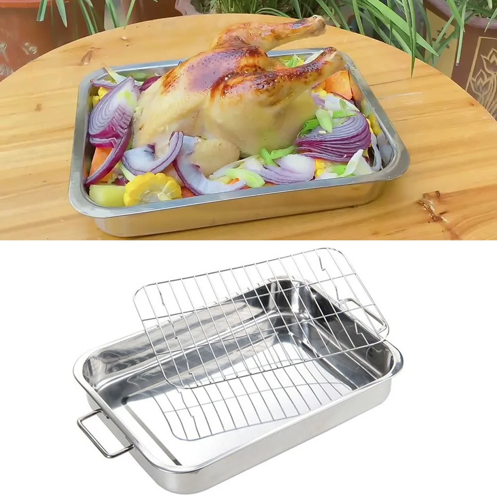 Roast Dish Grill Deep Roasting Tray Oven Pan Grill Rack Baking Roaster Kitchen Turkey Roasting Accessories Stainless Steel