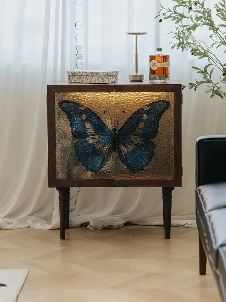 Wine cabinet black walnut retro painted glass  living room decorative storage entrance cabinet advanced sense