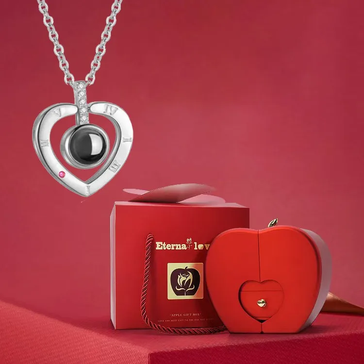 

100 Languages I Love You Projection Heart Necklaces Pendant With Apple Luxury Rose Gift Box For Women Mother Christmas Jewelry