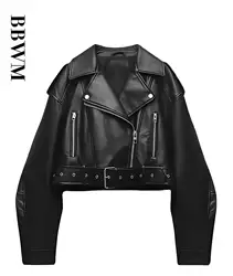 TRAF women's oversized retro loose Pu synthetic leather short jacket with belt street wear women's zipper retro motorcycle jacke