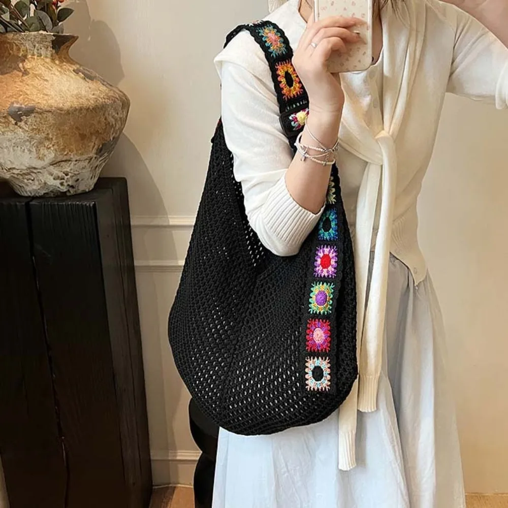 

Trendy Large Capacity Crochet Tote Bag Flower Ethnic Style Hollow Woven Bag Embroidered Strap Cotton Knitting Handbag Spring