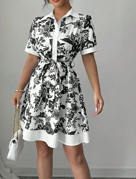 فستان صيفي بسيط وعصري بحزام مطبوع بأكمام قصيرة للنساء