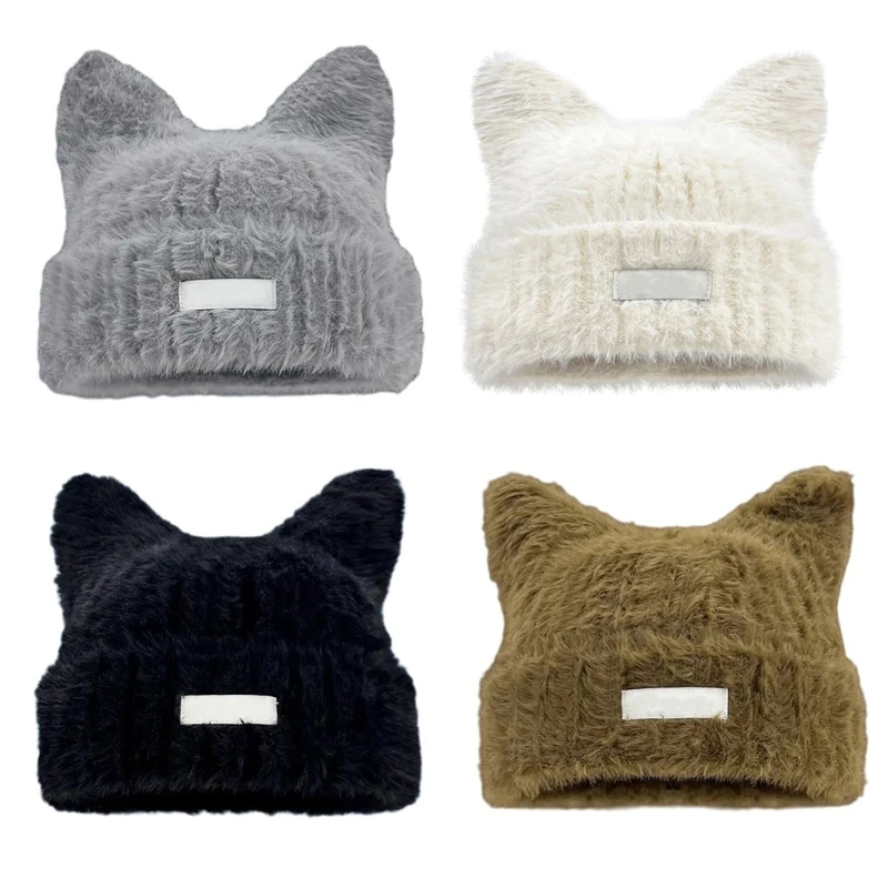 

Women Lovely Cat Ear Pattern Hat Winter Furry Plush Knitted Hat Y2K Girls Casual Foldable Outdoor Streetwear Beanies Photo Props