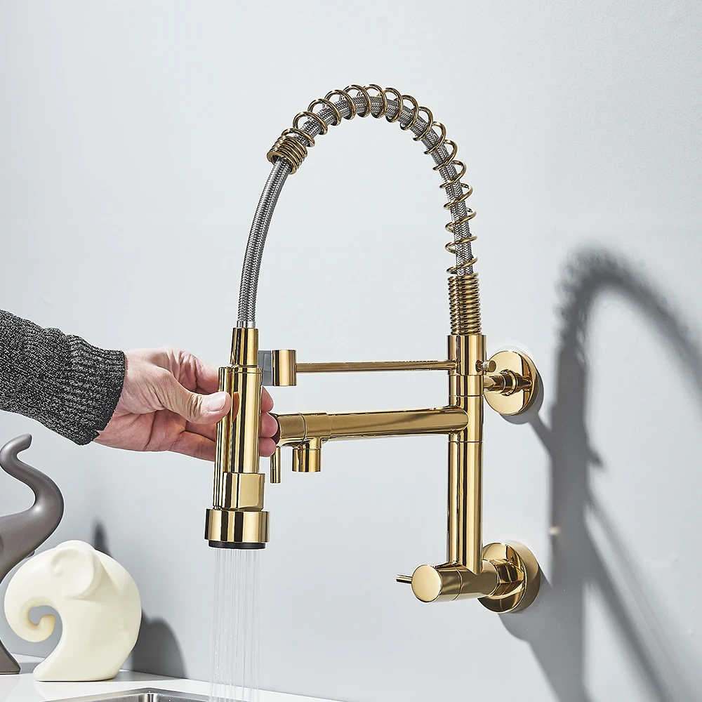 Uythner Pull Down Kitchen Faucet Wall Mounted Cold Water Tap Dual Swivel Spouts Kitchen Crane 360 Rotation Bathroom Kitchen Tap