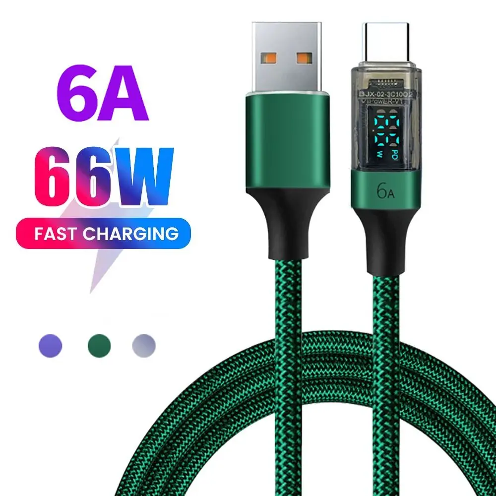 Кабель USB C с цифровым дисплеем 6 А, видимый нейлоновый плетеный кабель для передачи данных, быстрая зарядка 0,5 м/1 м/2 м для Xiaomi/Samsung/OPPO