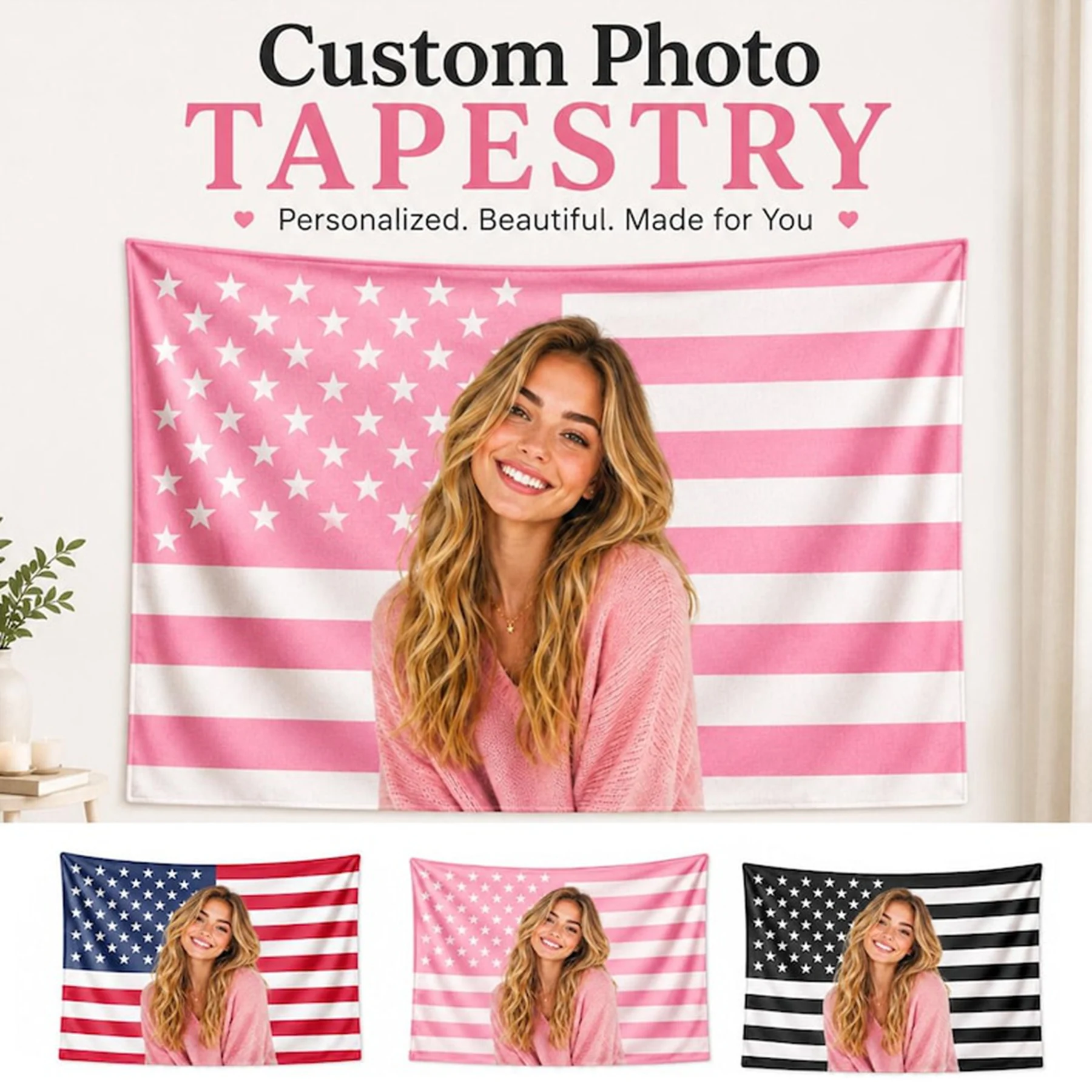 Personalized Custom USA Flag Tapestry with Your Photo, Patriotic Wall Decor, Bachelorette Decor, Bedroom Tapestry Gift