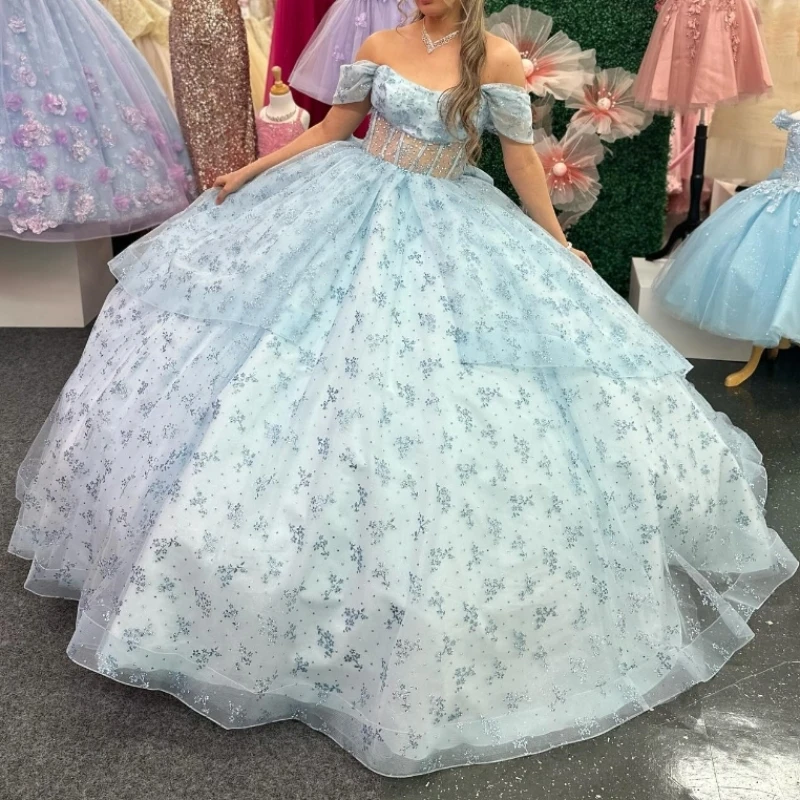 

Sparkly Sky Blue Quinceanera Dress Off The Shoulder Ball Gown Beading Tull Mexico Corset Sweet 16 Vestidos De 15 Años