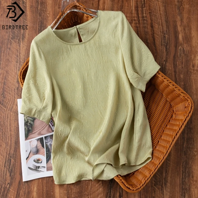 

Birdtree, 100% Real Silk Jacquard Tshirt, O-neck Short Sleeve Tops, Women's Loose Guanle Crepe Shirt, 2026 Summer New T64002JF