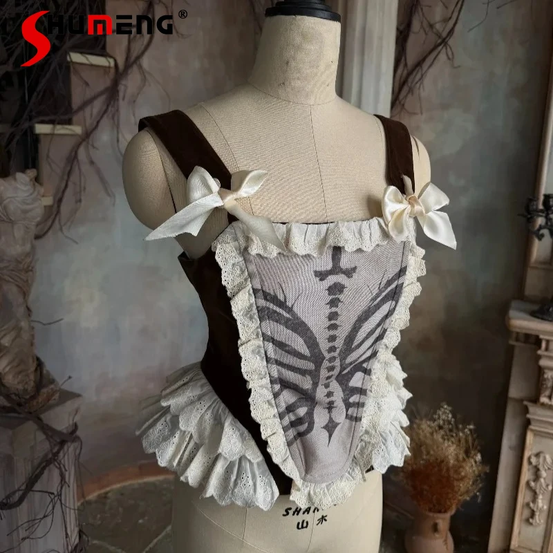 

New Kawaii Camisoles Special Design Bone Print Waist-cinching Lace Brown Velvet Drawstring Short Corset Top Y2k Cool Tanks Women
