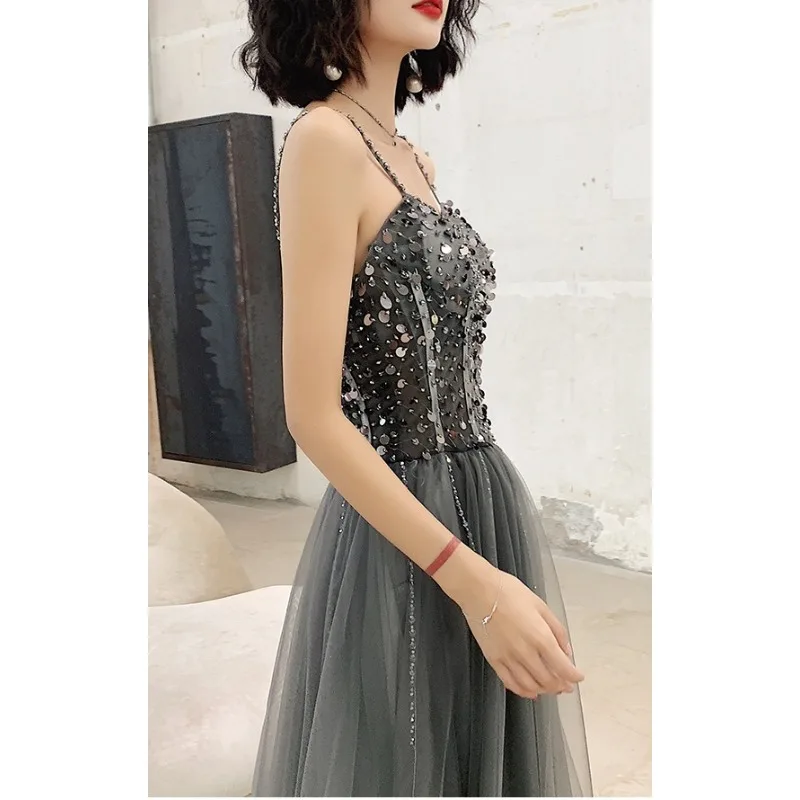 2025 New Women's Sexy Glitter Strap Long Style Banquet Fairy Evening Dress Fashionable and Skinny Celebrity Host Dress