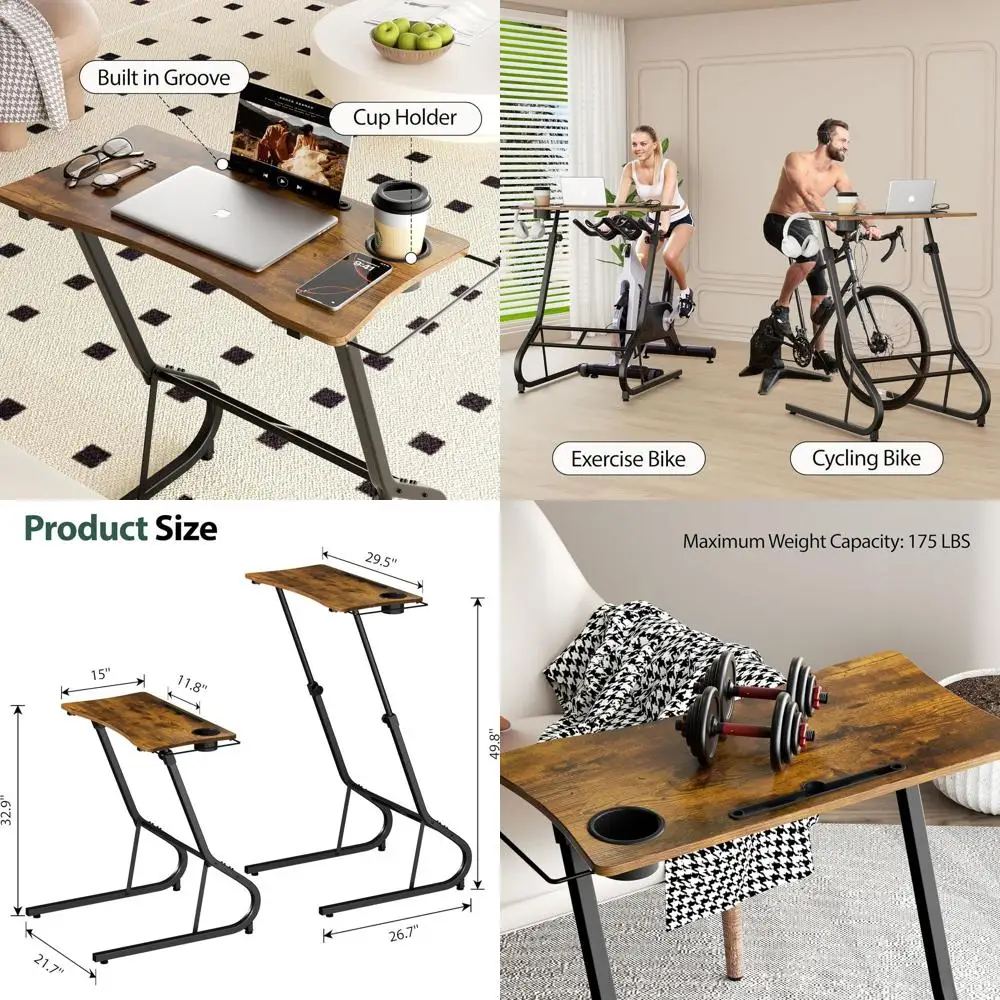 

Rustic Brown Adjustable Height Desk for Laptop, Walking Pad, and Bike, with Cup Holder, Suitable for Home and Office Use