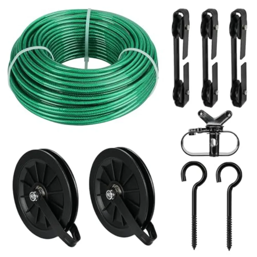 

Outdoor Clothesline Kit, 150Feet Green PVC Coated Galvanized Clothes Line Pulley Kit with 6.3" Clothesline Pulley, M8 Metal Hoo