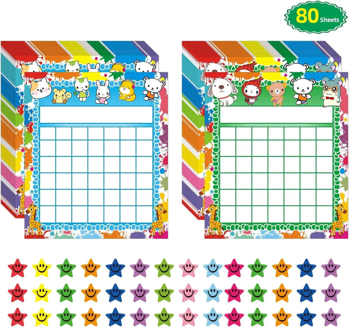 80 Pack Classroom Incentive  Reward Chart for 2 Designs with 2400 Pieces Colorful Star Stickers for Students Classroom Teaching