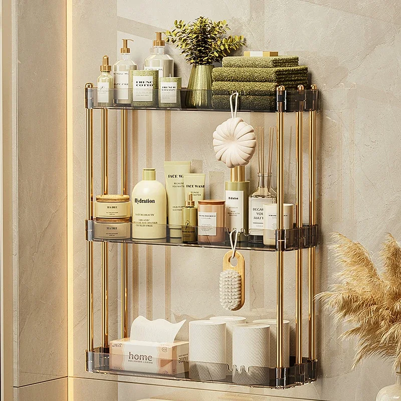 

Bathroom Storage Rack Layered Storage Towel Holder Metal Shelves Without Punching Holes Shelves Wall-Mounted Bathroom Shelf