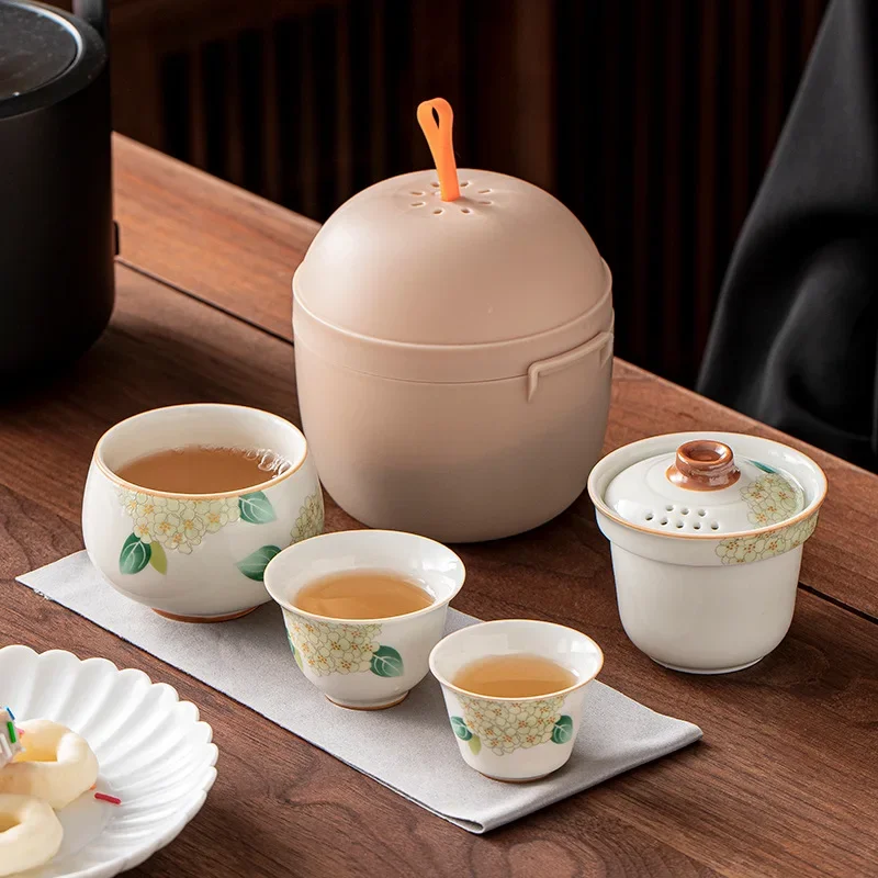 Travel Tea Set One Pot Three Cups Chinese Tea Maker Flowers Colorful Luxury Tea Ceremony Gift Portable Companion Gift Business