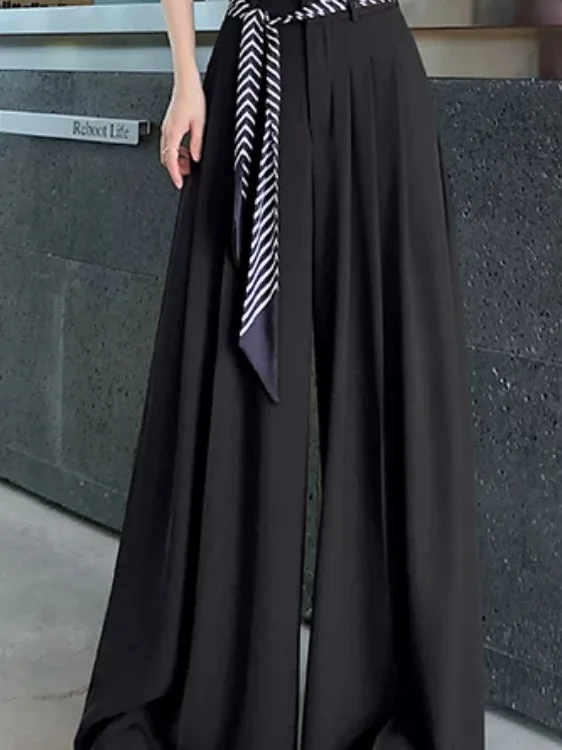 Elegant White Ice Silk Suit Wide Leg Pants Women Summer Thin Silk Scarf Belt High Waist Drape Straight Leg Floor Length Pants...